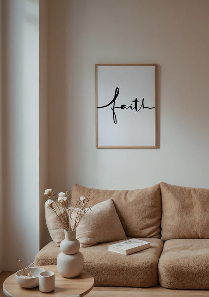El yazısı ile tasarlanmış &quot;faith&quot; yazılı siyah beyaz tipografik poster