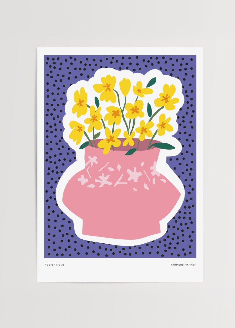 Pembe vazoda sarı çiçekler illüstrasyonu – canlı renkli Farmers Market posteri
