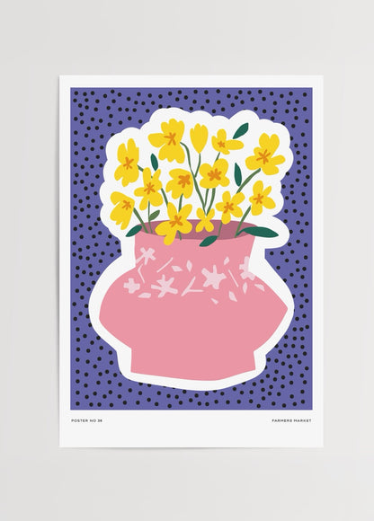 Pembe vazoda sarı çiçekler illüstrasyonu – canlı renkli Farmers Market posteri