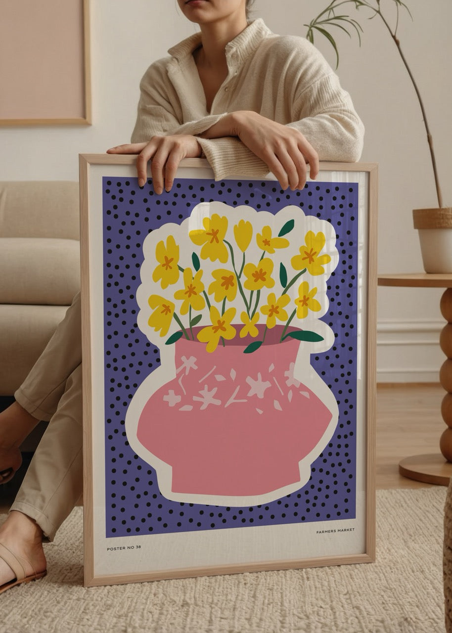 Pembe vazoda sarı çiçekler illüstrasyonu – canlı renkli Farmers Market posteri