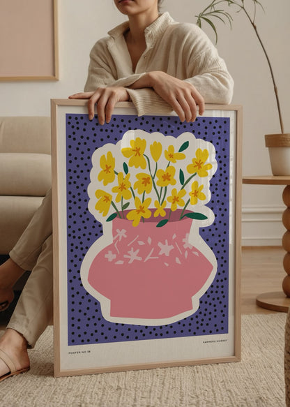 Pembe vazoda sarı çiçekler illüstrasyonu – canlı renkli Farmers Market posteri