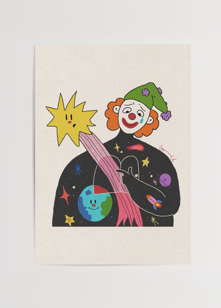 Kendin olma korkusunu sembolik figürler ve renkli evren anlatımıyla ele alan çağdaş illüstrasyon poster