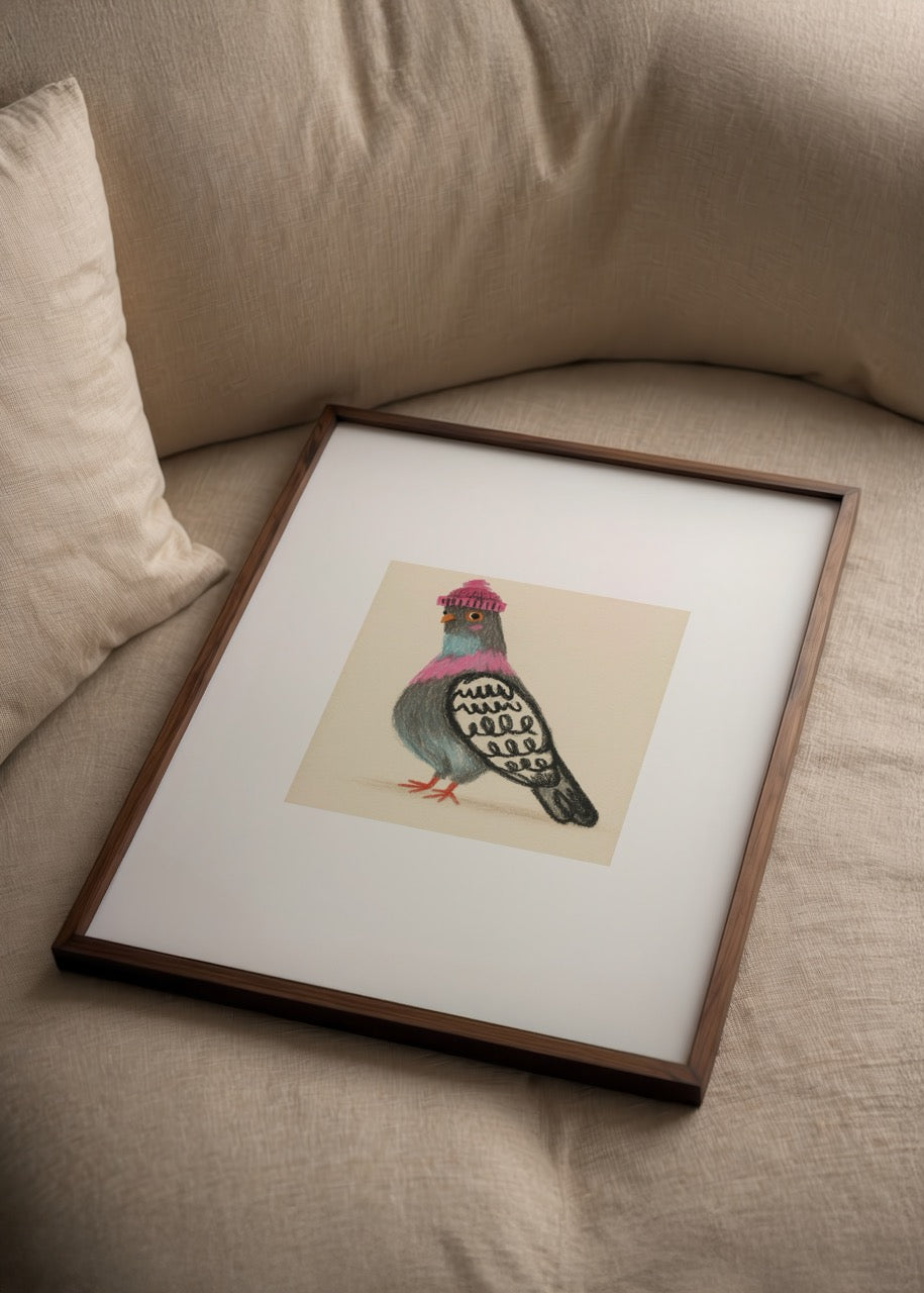 Nida Büyük imzalı Feather Vibes posteri, pastel tonlarda bere takmış güvercin illüstrasyonu ile eğlenceli ve sıcak sanat baskısı.