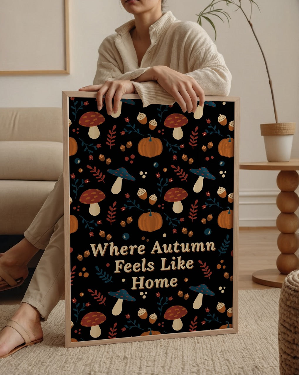 Özge Özcan imzalı Feels Like Home posteri; sonbahar temalı mantar ve balkabağı desenleriyle cozy illüstrasyon.