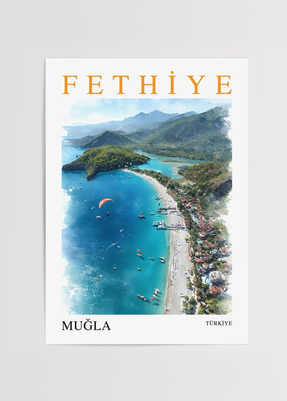 Fethiye Muğla posteri, Ölüdeniz manzarası ve Akdeniz sahil illüstrasyonu