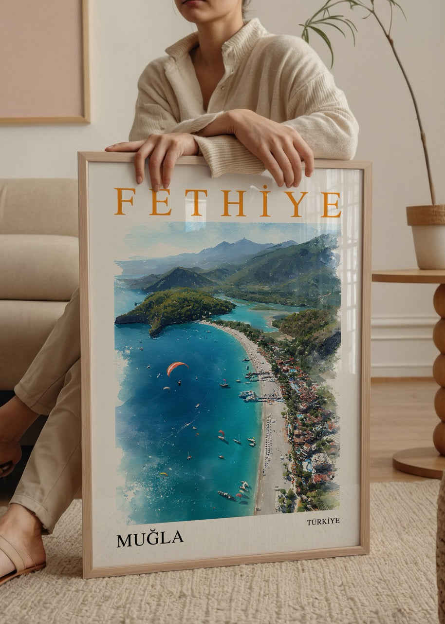 Fethiye Muğla posteri, Ölüdeniz manzarası ve Akdeniz sahil illüstrasyonu