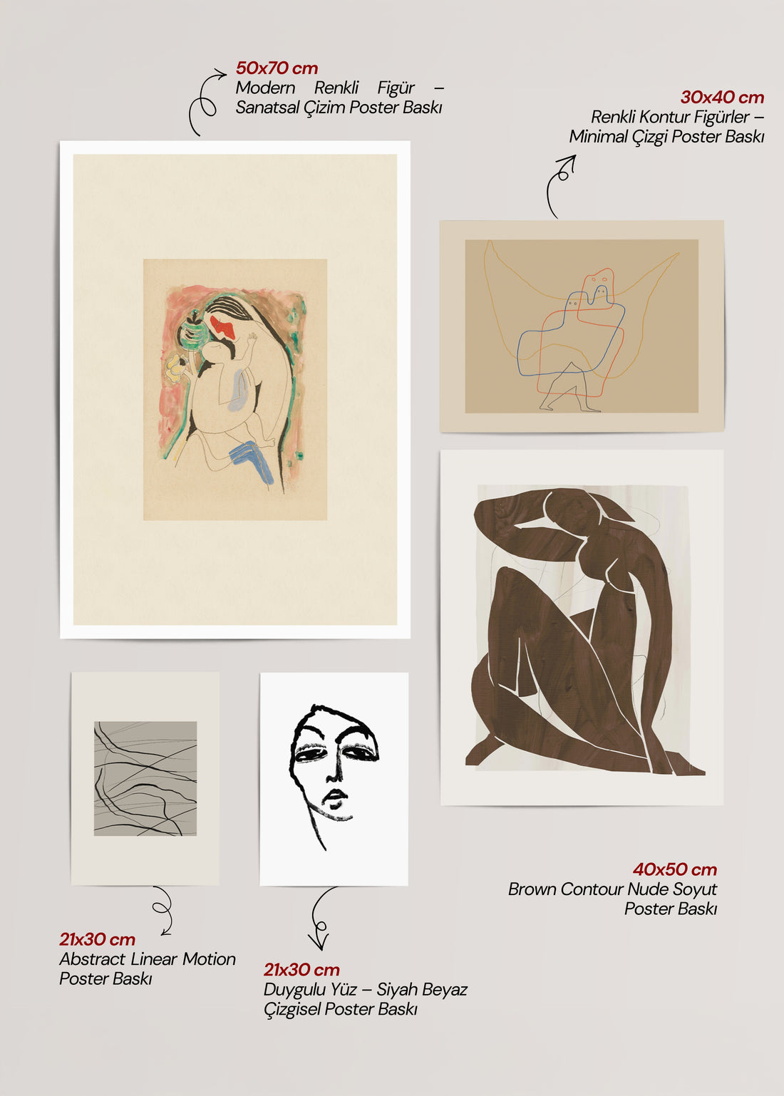 Farklı boyutlarda figüratif çizimler, soyut kontur çalışmalar ve siyah beyaz portrelerden oluşan dengeli bir galeri duvarı poster seti.