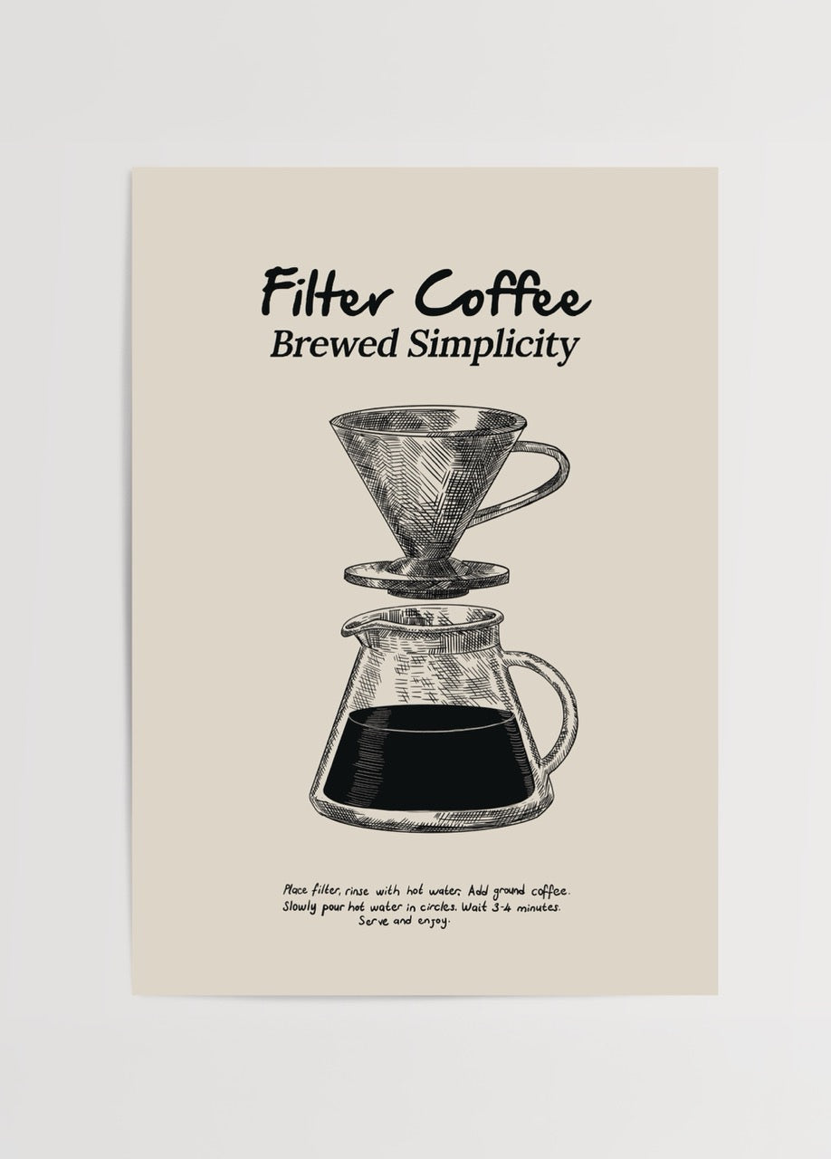 Elif Bilgin’in minimalist çizim tarzıyla hazırladığı Filter Coffee Brewed Simplicity posteri, filtre kahve demleme seti illüstrasyonu.
