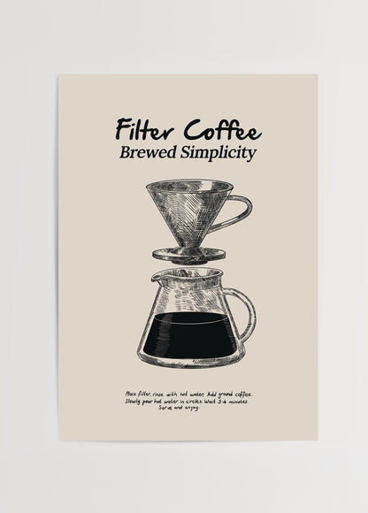 Elif Bilgin’in minimalist çizim tarzıyla hazırladığı Filter Coffee Brewed Simplicity posteri, filtre kahve demleme seti illüstrasyonu.