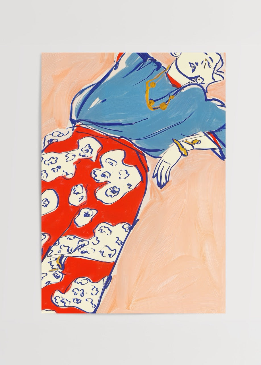 Yaren Ünlü’nün Floral Pants Koleksiyonu’ndan kırmızı beyaz desenli pantolon, mavi üst ve altın detaylarla tasarlanmış illüstratif poster baskı.
