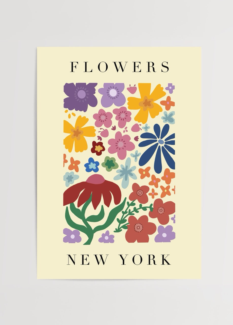 Elif Korkut’un “Flower Garden” adlı, renkli çiçek illüstrasyonlarından oluşan modern poster baskısı.