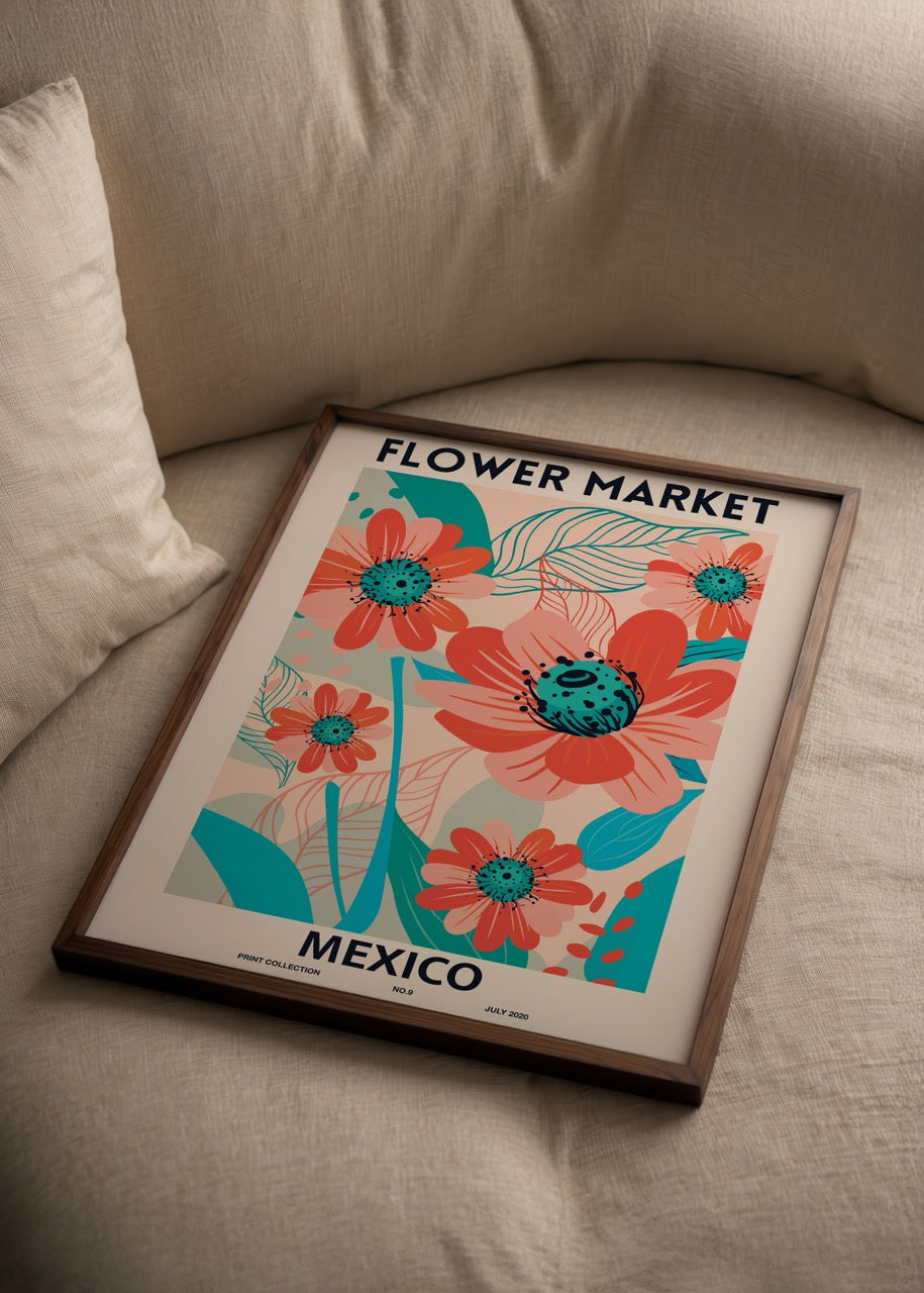 Meksika esintili çiçek illüstrasyonlarından oluşan Flower Market Mexico modern poster