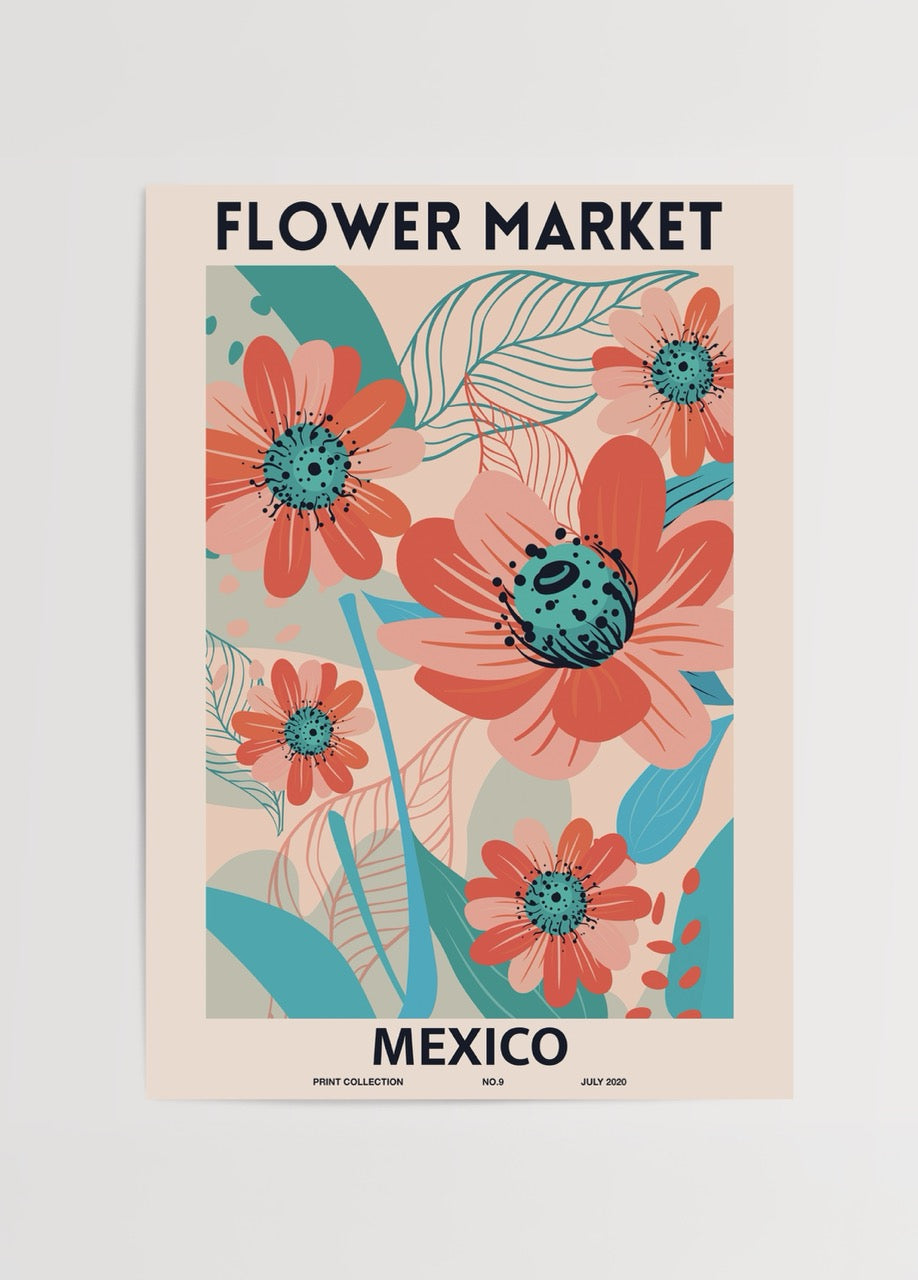 Meksika esintili çiçek illüstrasyonlarından oluşan Flower Market Mexico modern poster