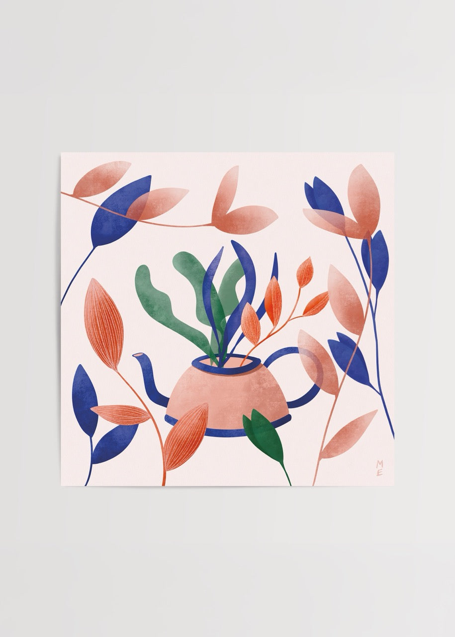 Flower Pot posteri, Melisa Ermiş’in çaydanlık içinde bitki ve yaprak illüstrasyonu
