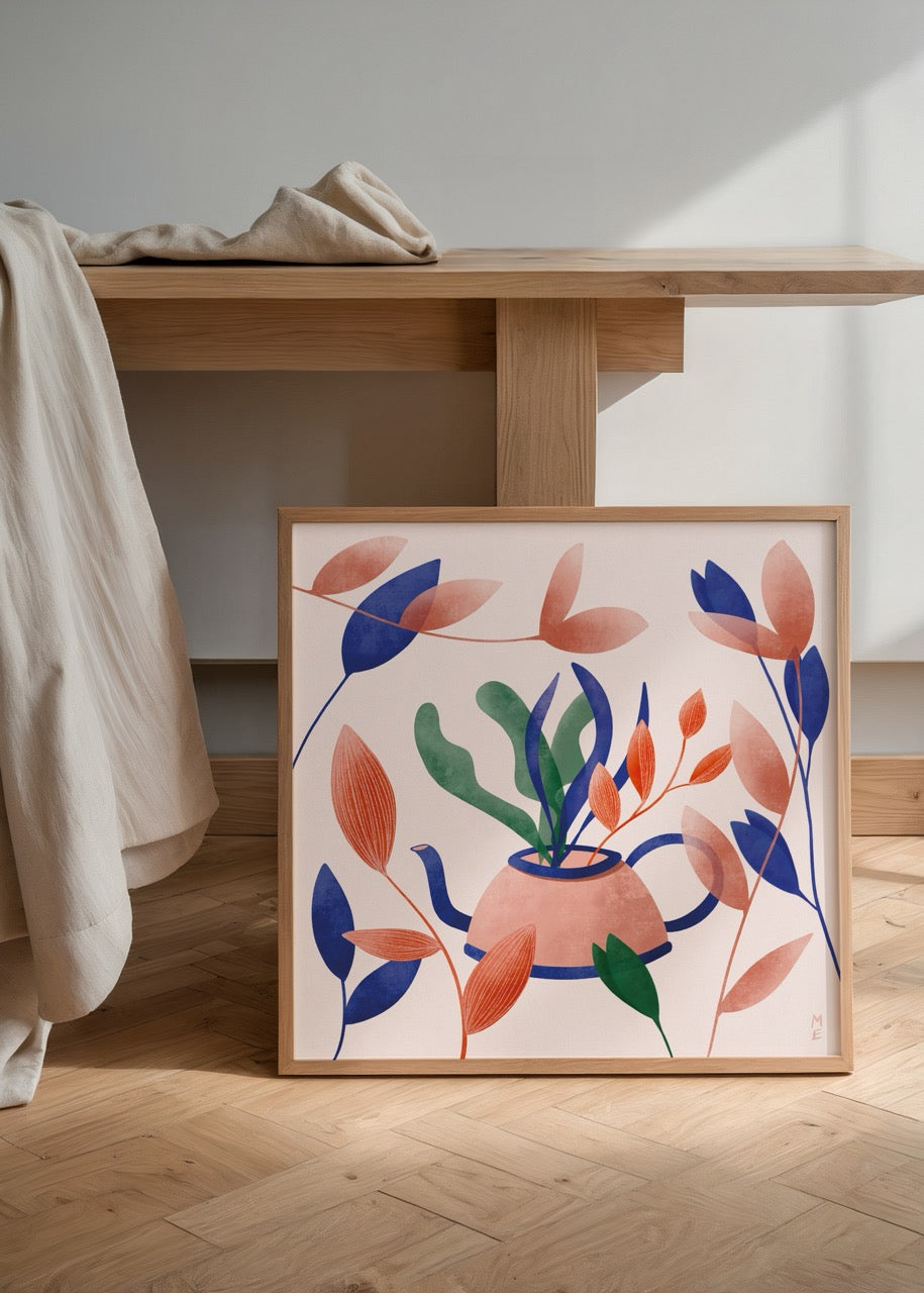 Flower Pot posteri, Melisa Ermiş’in çaydanlık içinde bitki ve yaprak illüstrasyonu
