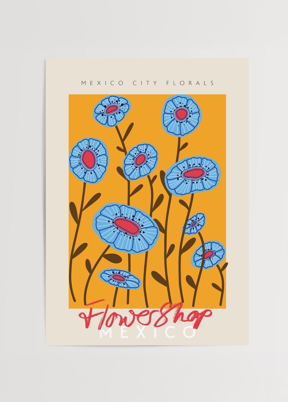 Turuncu arka plan üzerinde mavi çiçekli Flower Shop Mexico posteri