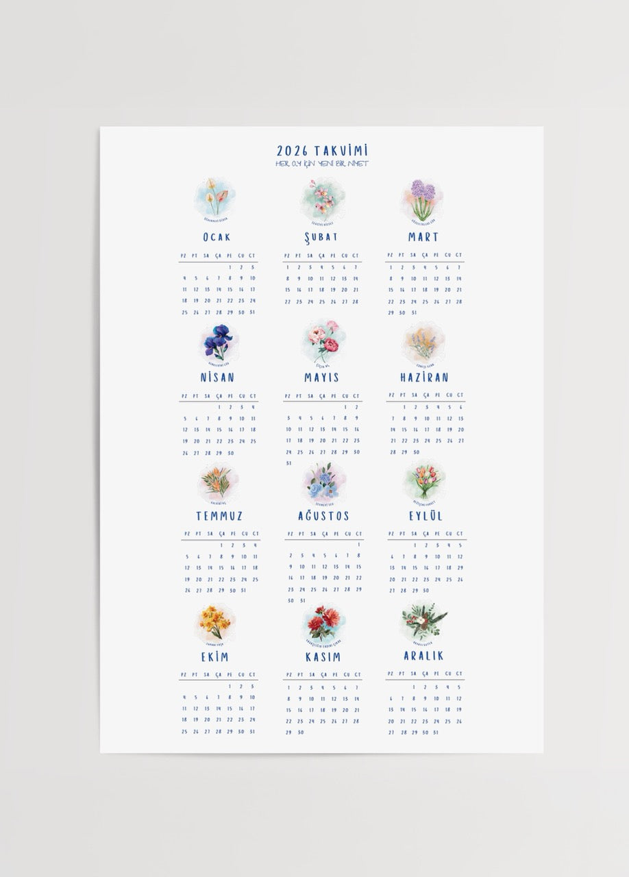 Yağmur Solakoğlu’nun çiçek illüstrasyonlarıyla hazırlanan zarif 2026 Flowers &amp; Intentions takvim posteri.