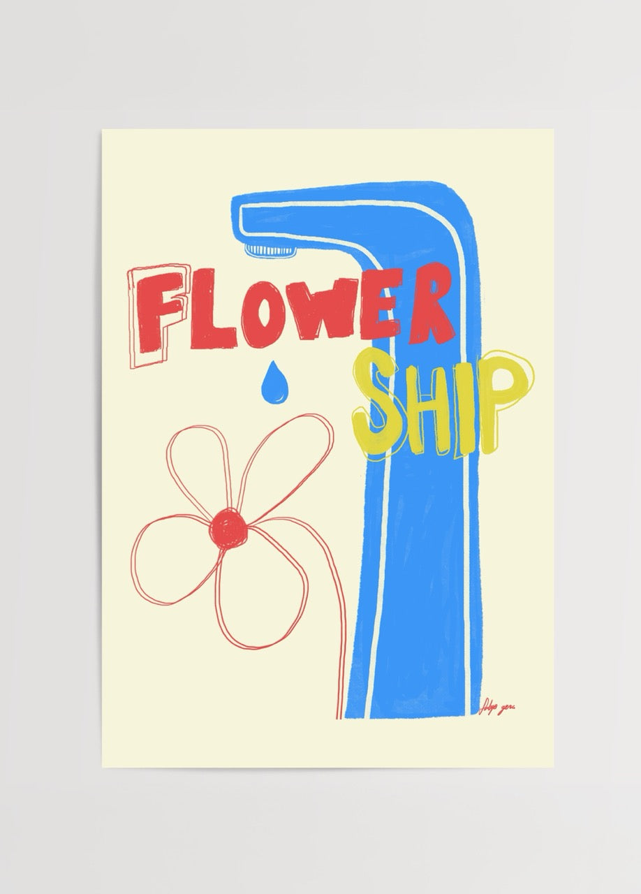 Fulya Genç imzalı Flowership posteri, mavi musluk ve kırmızı çiçek illüstrasyonu ile modern, enerjik sanat baskısı.