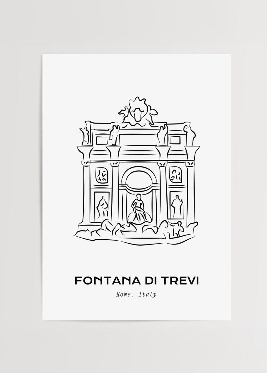 Fontana di Trevi’nin siyah beyaz çiziminden oluşan minimalist Roma posteri