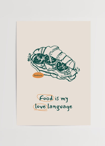 Croissant sandviç çizimi ve &quot;Food is my love language&quot; yazısı içeren mutfak posteri