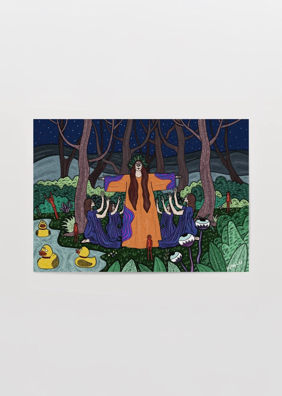 Gece ormanında ortada ayakta duran bir figür ve etrafında diz çökmüş karakterler, su, ağaçlar ve sembolik hayvanlarla çevrili masalsı illüstrasyon.