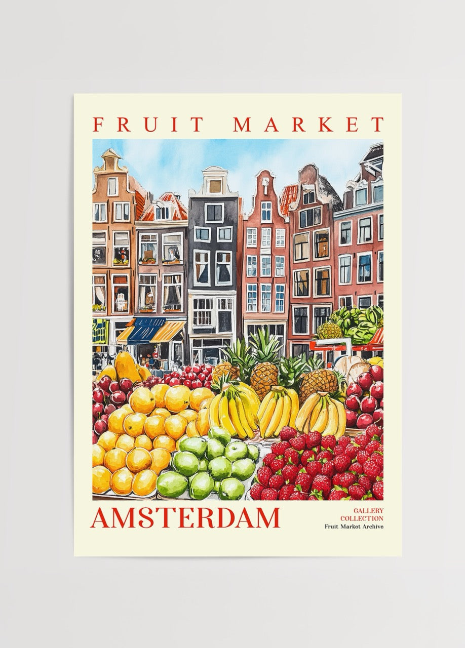 Amsterdam meyve pazarı illüstrasyon posteri, kanal evleri ve renkli meyveler ile dekoratif duvar sanatı