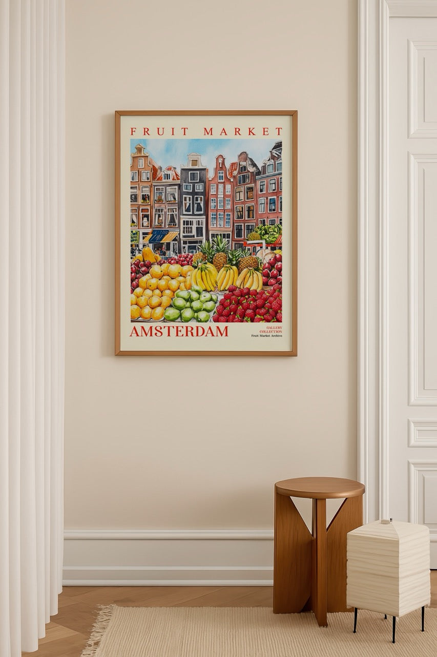 Amsterdam meyve pazarı illüstrasyon posteri, kanal evleri ve renkli meyveler ile dekoratif duvar sanatı