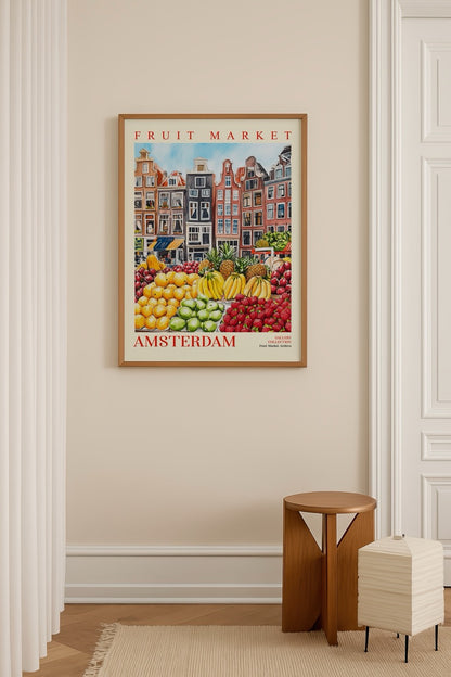 Amsterdam meyve pazarı illüstrasyon posteri, kanal evleri ve renkli meyveler ile dekoratif duvar sanatı