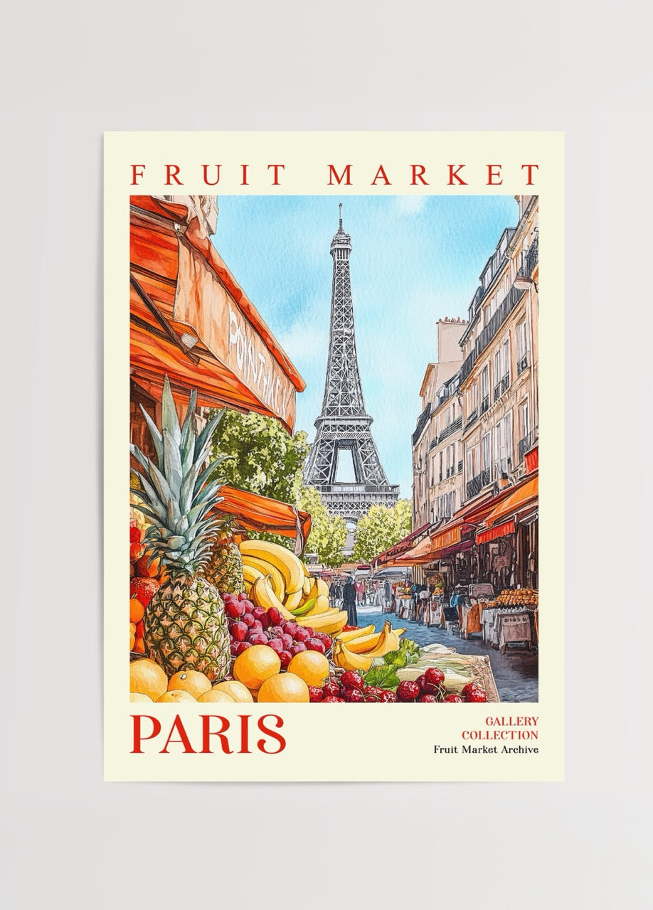 Eiffel Kulesi manzaralı Paris meyve pazarı illüstrasyon posteri