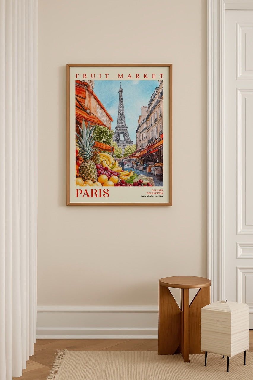 Eiffel Kulesi manzaralı Paris meyve pazarı illüstrasyon posteri
