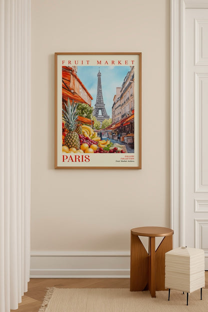 Eiffel Kulesi manzaralı Paris meyve pazarı illüstrasyon posteri
