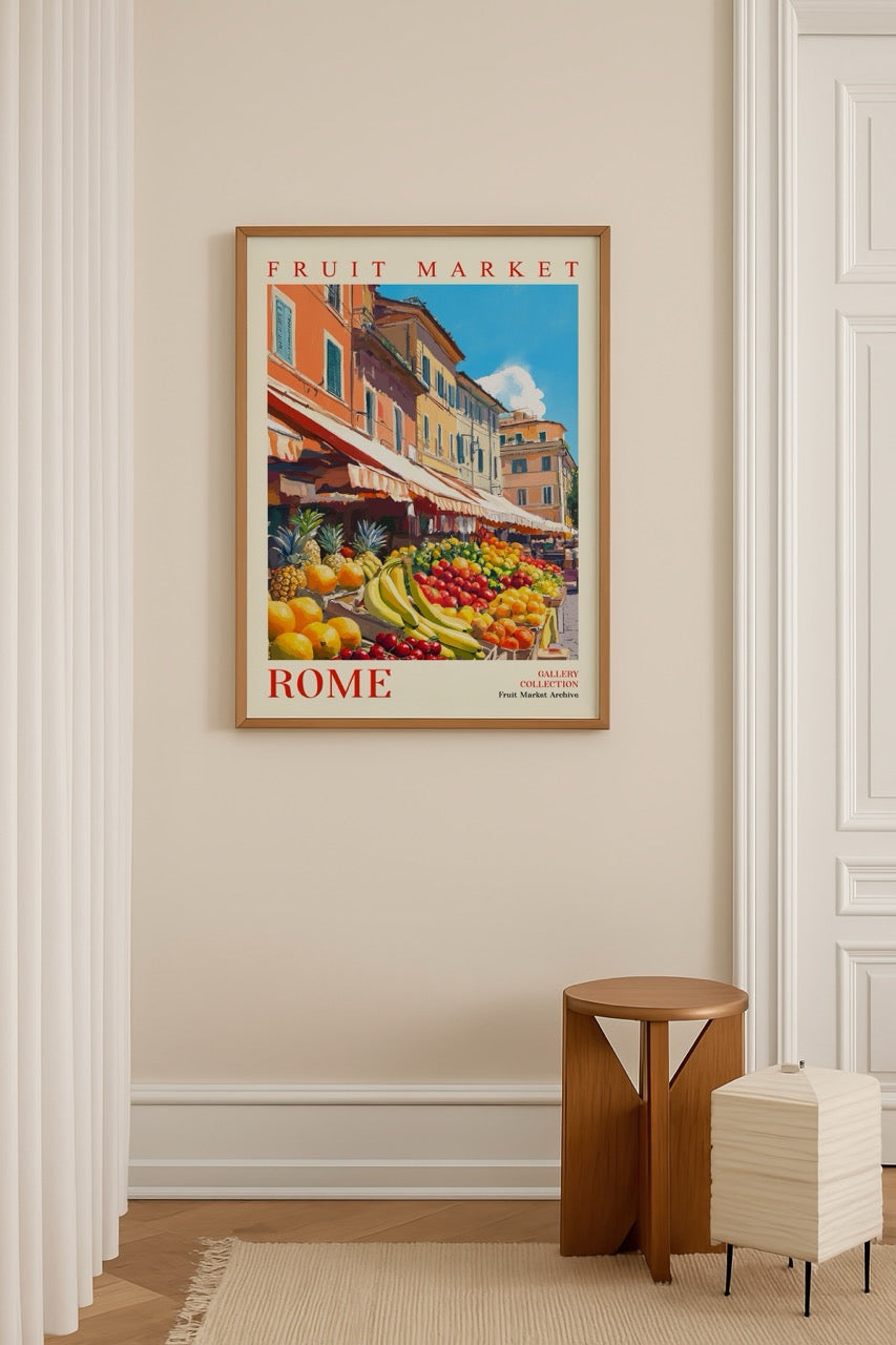Roma’da meyve pazarı illüstrasyonu, sıcak tonlarda şehir manzarası posteri