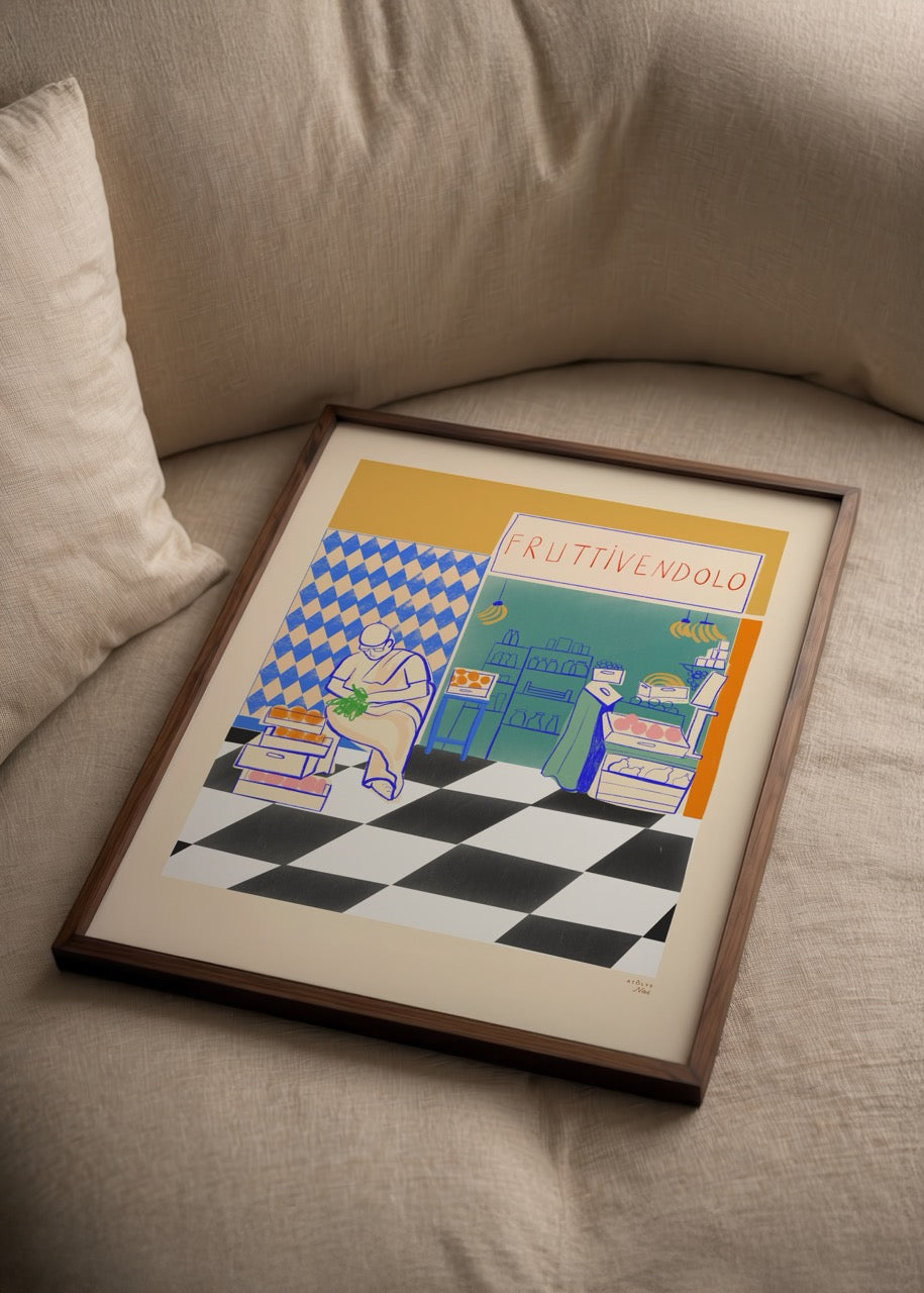Atölye Noi imzalı Fruttivendolo posteri, Akdeniz manav sahnesiyle renkli ve sıcak çizim tarzında sanat baskısı.