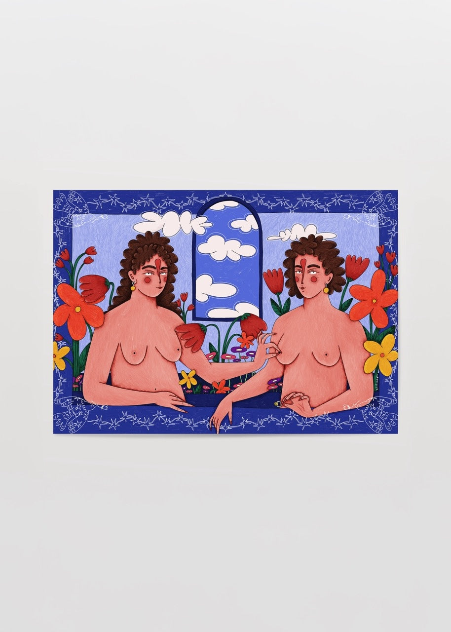 Elif Sezgin’in “Gabrielle d’Estrées e Sua Sorella” adlı, mavi çerçeve içinde iki kadın figürlü modern illüstrasyon posteri.