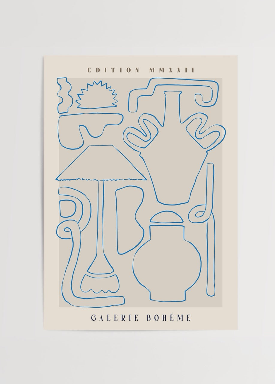 Mavi çizgili soyut objeler posteri - Galerie Bohéme
