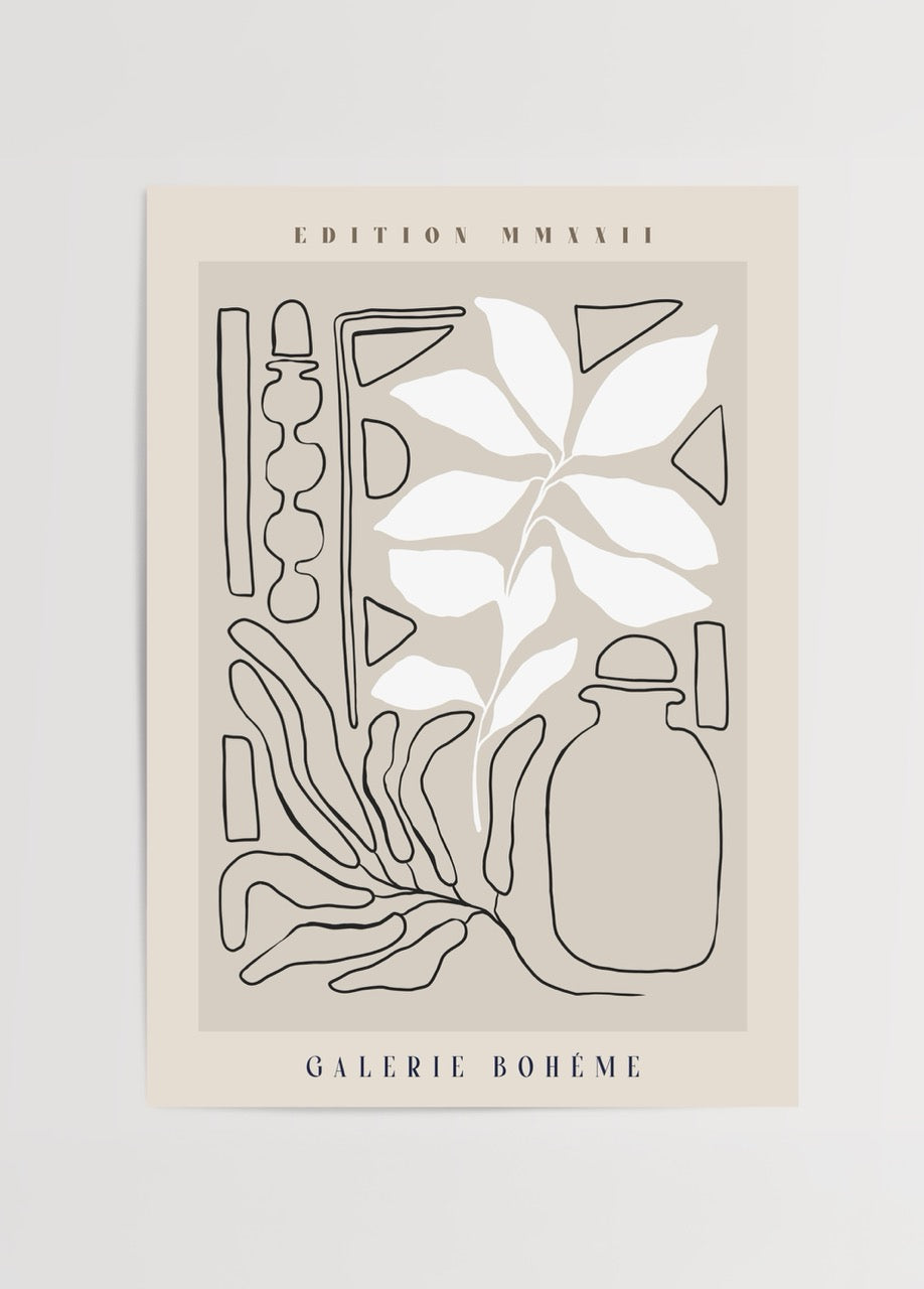 Çizgisel bitki ve obje illüstrasyonlu minimal bohem poster