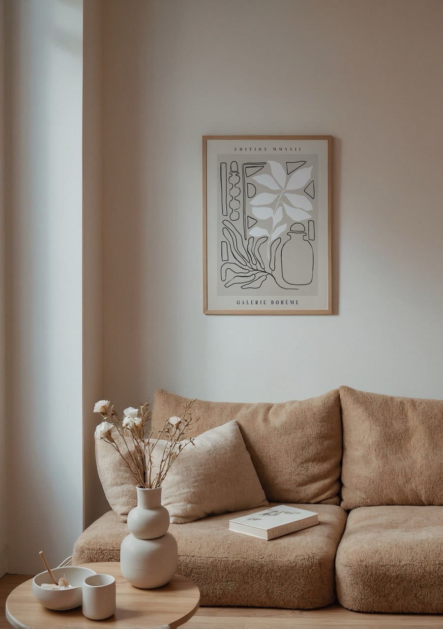 Çizgisel bitki ve obje illüstrasyonlu minimal bohem poster