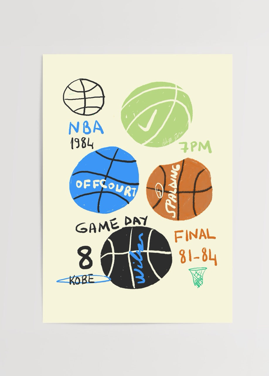 Fulya Genç’in basketbol temalı Game Day illüstrasyon posteri, renkli toplar ve yazı detaylarıyla modern tasarım