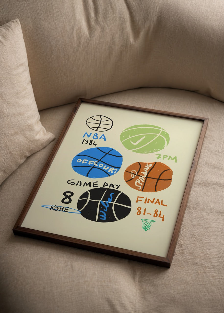 Fulya Genç’in basketbol temalı Game Day illüstrasyon posteri, renkli toplar ve yazı detaylarıyla modern tasarım