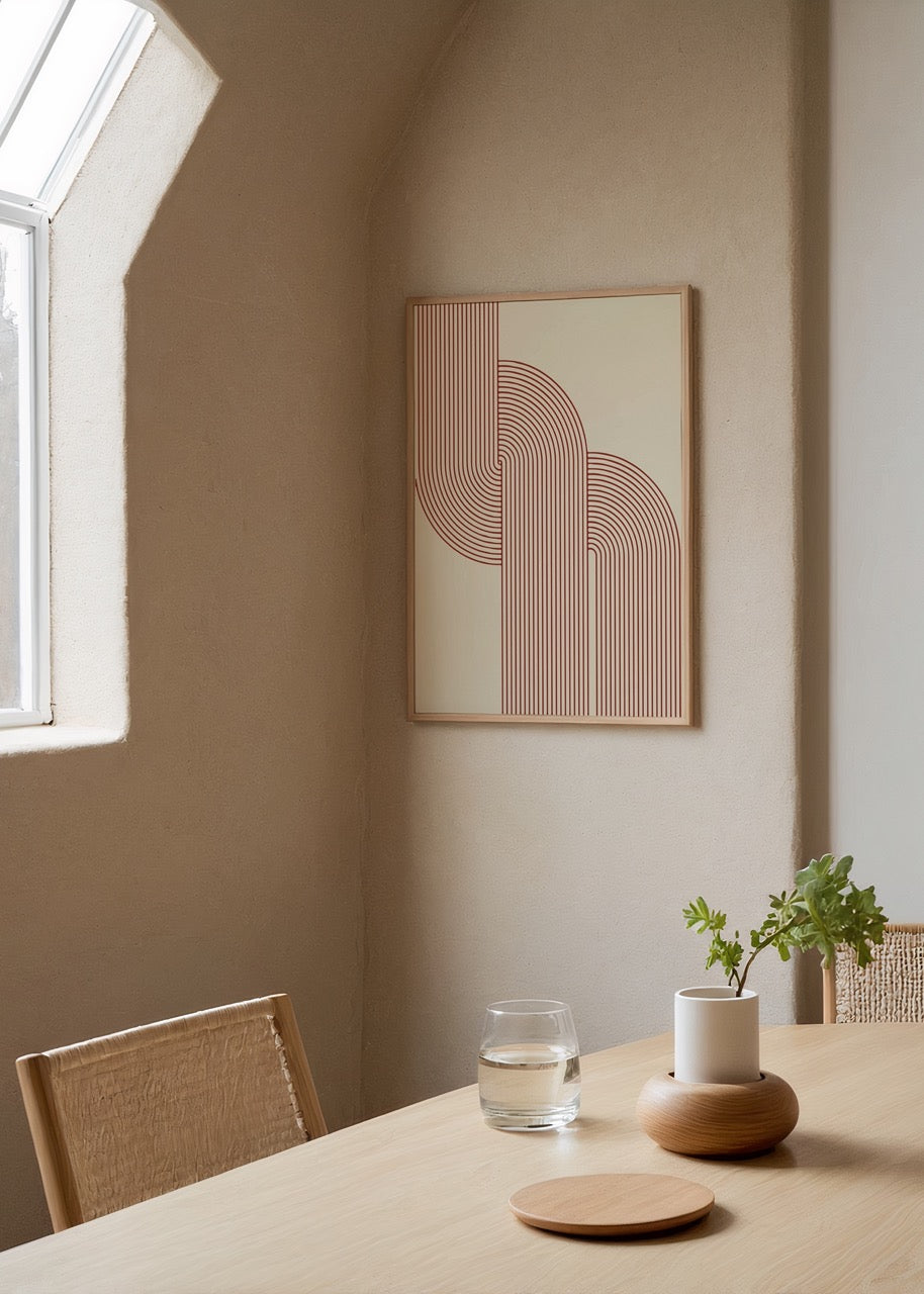 Terracotta çizgilerle oluşturulmuş mid-century modern geometrik kemer desenli poster baskı.