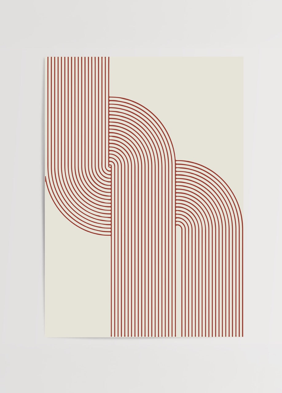 Terracotta çizgilerle oluşturulmuş mid-century modern geometrik kemer desenli poster baskı.