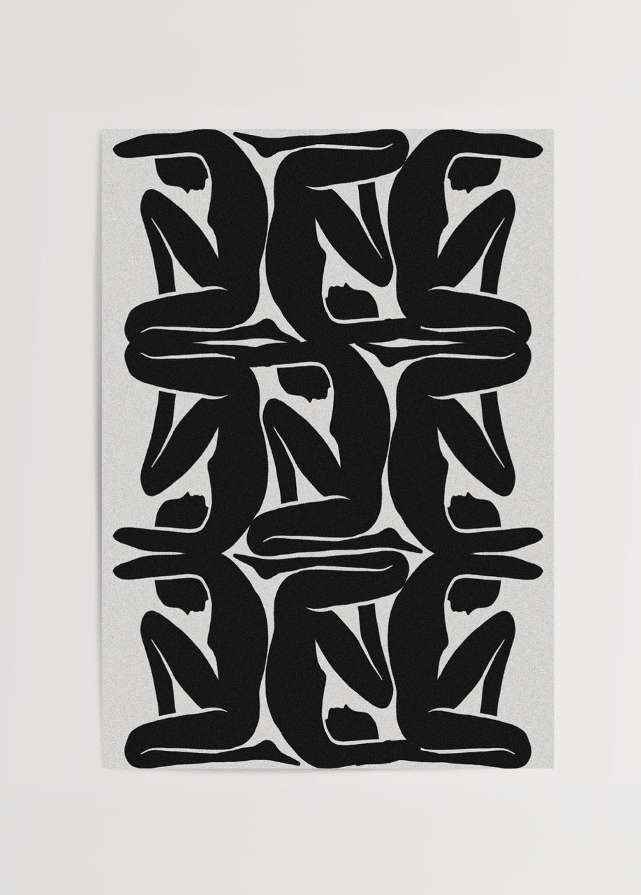 Yinelenen siyah beyaz çıplak siluet tasarımlı minimalist Geometric Nude Silhouettes duvar posteri, modern dekorasyon için ideal.