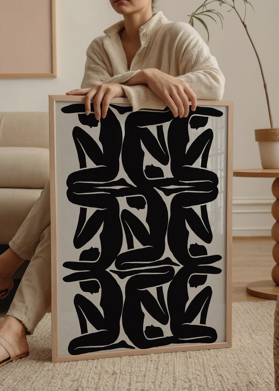 Yinelenen siyah beyaz çıplak siluet tasarımlı minimalist Geometric Nude Silhouettes duvar posteri, modern dekorasyon için ideal.