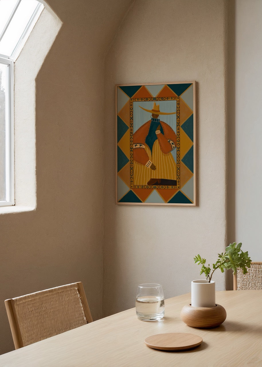 Elif Korkut’un geometrik desenlerle çevrelenen figüratif modern illüstrasyon posteri.