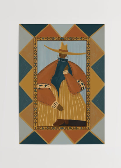 Elif Korkut’un geometrik desenlerle çevrelenen figüratif modern illüstrasyon posteri.
