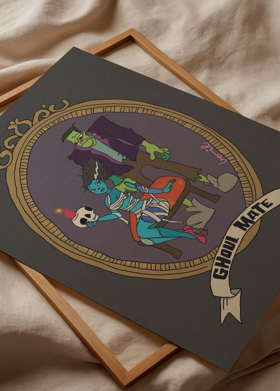 Gotik çerçeve içinde karanlık mizah ve popüler kültür temalı karakter illüstrasyonu