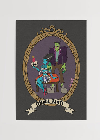 Gotik çerçeve içinde karanlık mizah ve popüler kültür temalı karakter illüstrasyonu