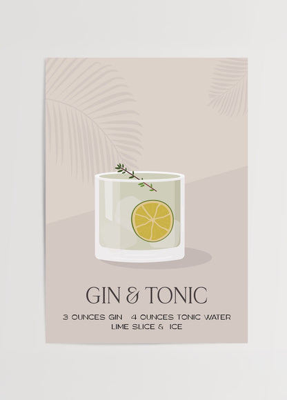 Bej zemin üzerinde lime dilimi ve içkili bardakla çizilmiş Gin &amp; Tonic tarifi illüstrasyon posteri