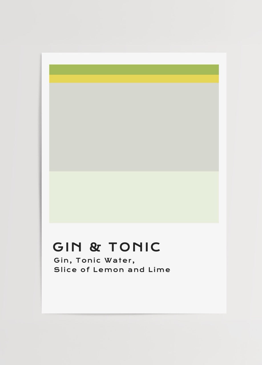 Gin &amp; Tonic içeriklerinden ilham alan sarı ve gri tonlarında minimalist kokteyl posteri