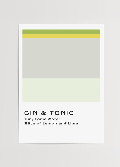 Gin &amp; Tonic içeriklerinden ilham alan sarı ve gri tonlarında minimalist kokteyl posteri